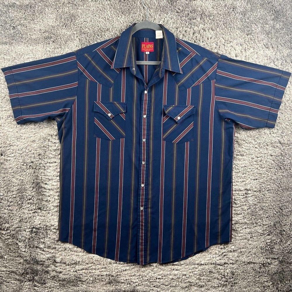 Vintage Plains Button Up Shirt XL Blue Striped Pearl Snap Western